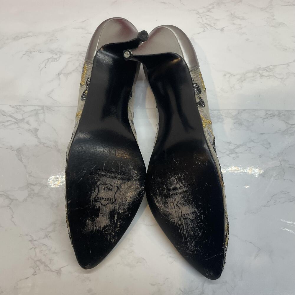 Vintage Stuart Weitzman Shoes Womens Size 9.5 Silver Floral Sequin Pump Heels - Picture 7 of 13
